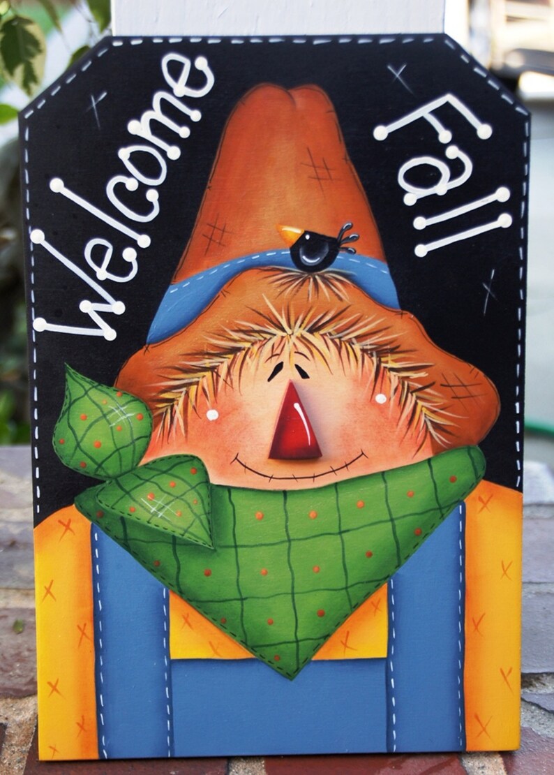 Fall Thanksgiving Scarecrow Welcome Wood Fall Sign Decoration Door or Wall Hanging image 1