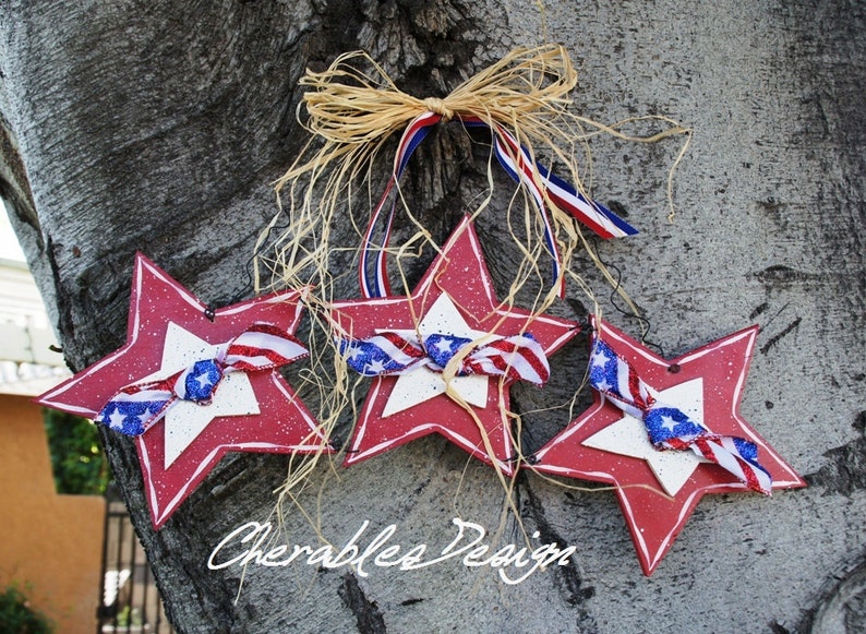 Patriotic Stars Wood Door or Wall Hanger 4th of July Decoration Red, White and Blue Sign image 1