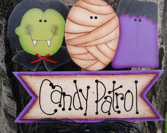 Candy Patrol Frankenstein, Mummy, Dracula Halloween Yard Stake - Wood Halloween Yard Art Sign Decoration