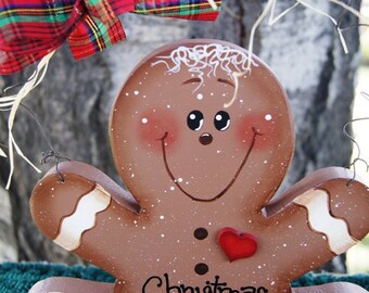 Gingerbread Cookie Wood Christmas Decoration - Shelf Sitter or Wall Hanging