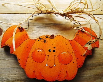 Pumpkin Bat - Wood Halloween Decoration - Sign