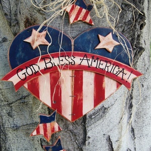 Patriotic 4th of July Wood Decoration Wall or Door Hanging Heart and Stars Welcome Sign image 1