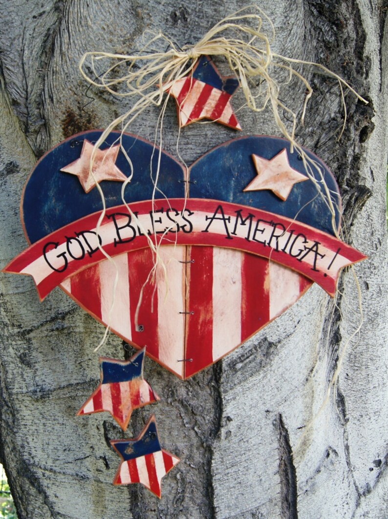 Patriotic 4th of July Wood Decoration Wall or Door Hanging Heart and Stars Welcome Sign image 1