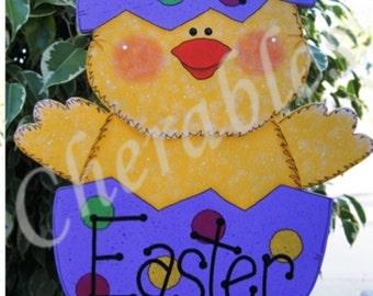 Happy Easter Chick and Egg Yard Stick - Panneau de Pâques en bois - Décoration de Pâques