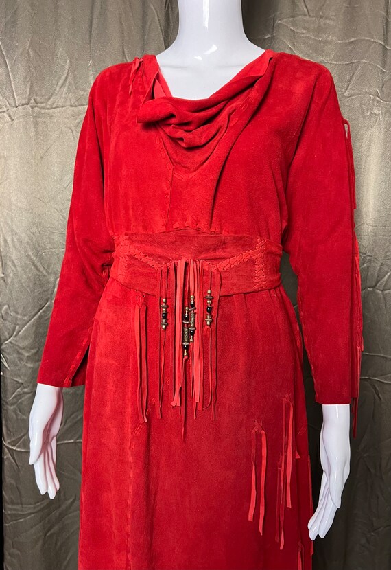 Vintage OOAK Ceremonial Red Buckskin Fringed Prie… - image 2