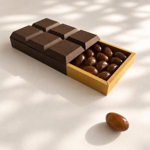 May include: A rectangular box designed to resemble a dark brown chocolate bar with a sliding tray. The tray is gold-colored and filled with several smooth, oval-shaped brown candies. One additional brown candy rests outside the box.