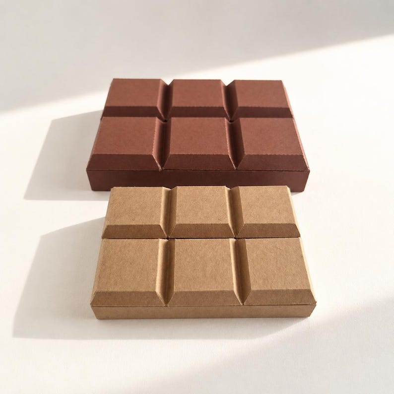 May include: Two rectangular boxes shaped like chocolate bars, one in a dark brown matte finish and the other in a lighter tan cardboard color. Each box features a raised, segmented grid pattern on the top surface, mimicking the appearance of individual chocolate squares.