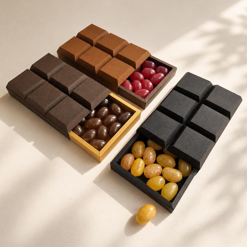 May include: Three rectangular sliding boxes shaped like chocolate bars. One box is dark brown with dark brown candies, one is light brown with red candies, and one is black with yellow candies. Each box has a textured, grid-patterned lid.