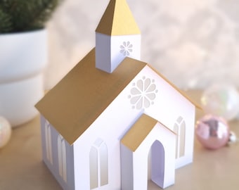 3D Paper Church/ Christmas House/ DIY Tea Light/ Paper Village/ Tea Light House/ Scandi House Decor/ Paper Churc Decoration/ Mantle Decor