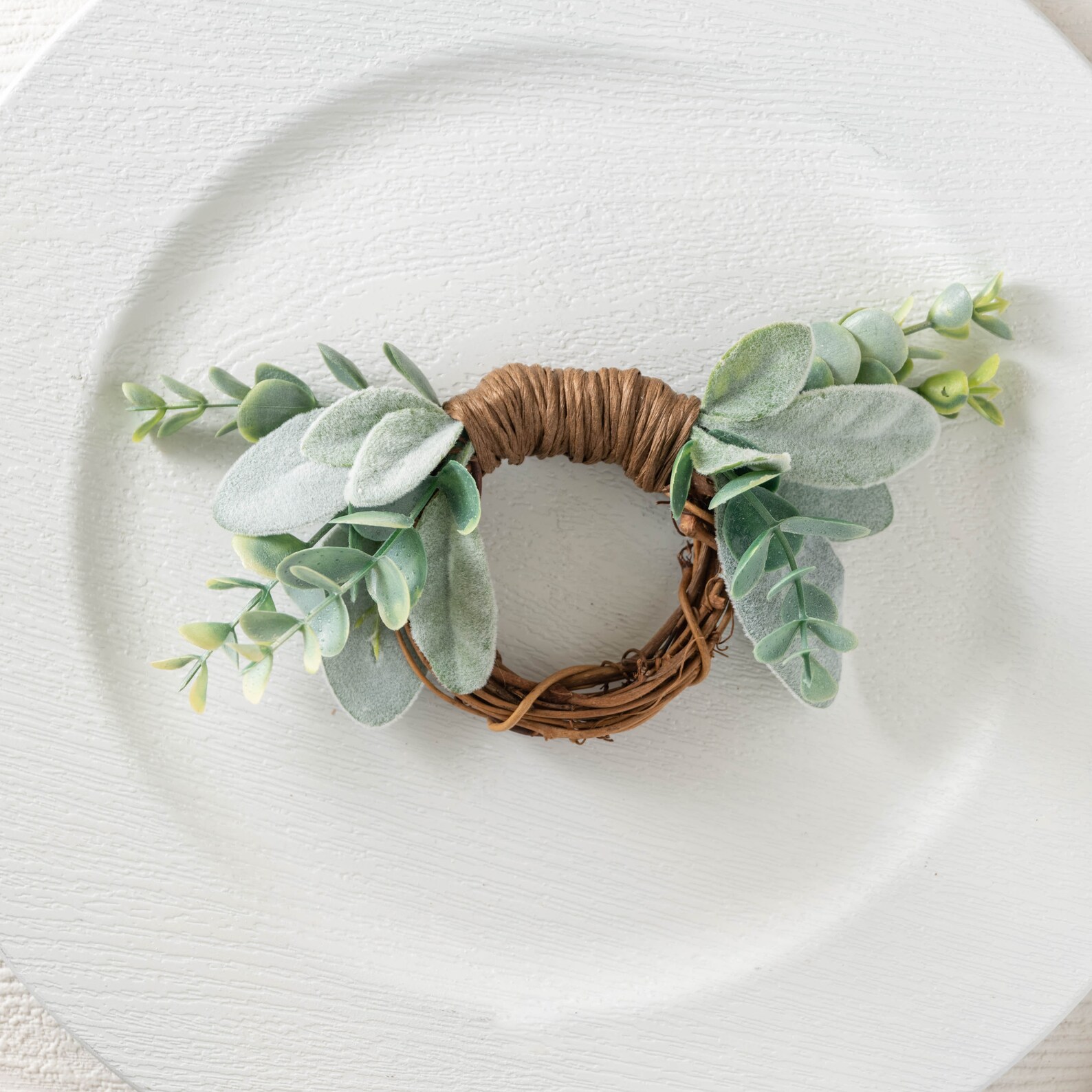 Farmhouse napkin ring faux lambs ear eucalyptus greenery Etsy
