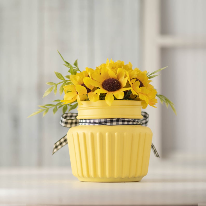 Sunflowers in yellow mason jar with check bow small faux Etsy