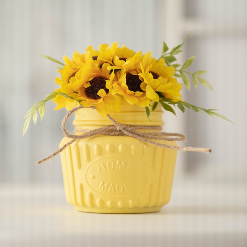 Sunflowers in yellow mason jar with twine bow small faux Etsy