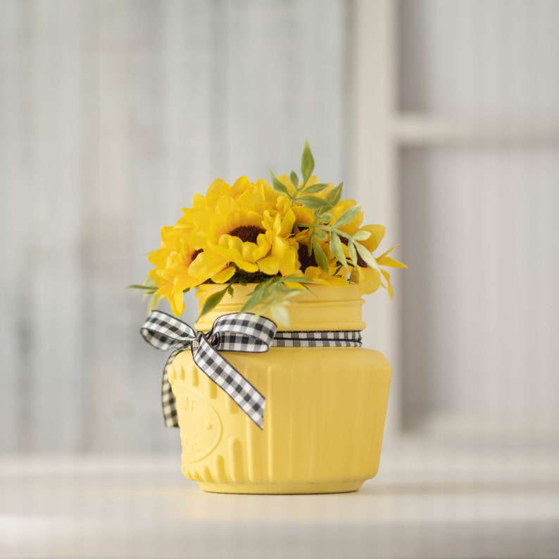 Sunflowers in yellow mason jar with check bow small faux Etsy