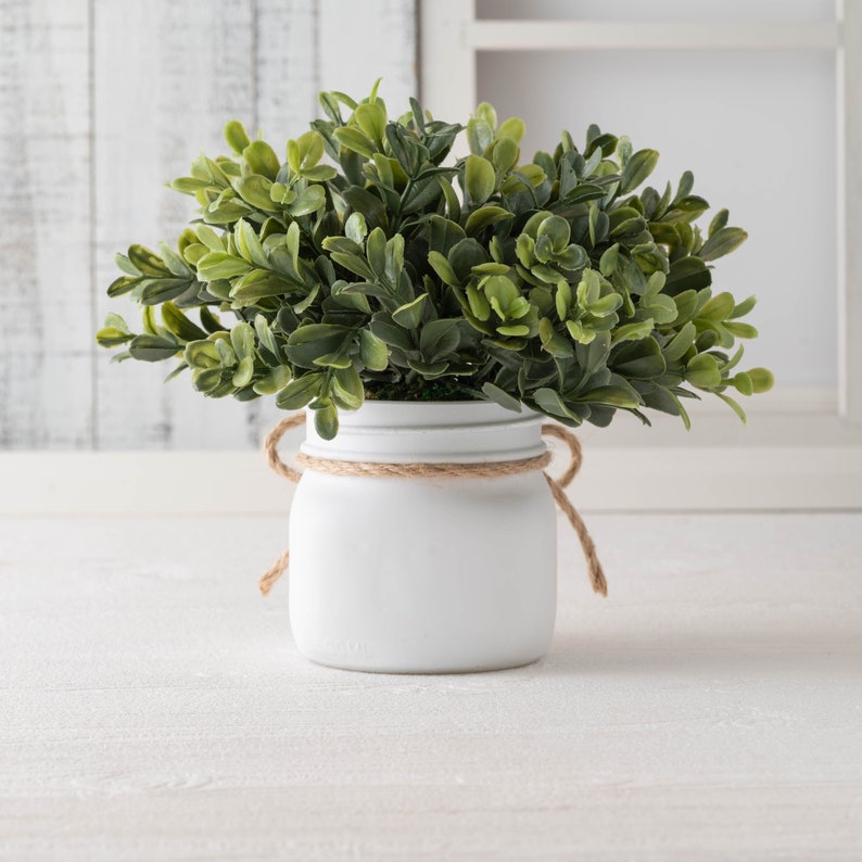 Faux boxwood greenery in mason jar with twine bow rustic Etsy