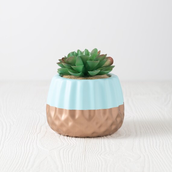 Faux Succulent Arrangement Rose Gold Mint Green Dip Paint Ceramic Pot Burlap Accent Geometric Fall Decor Desk Table Top Friend Gift