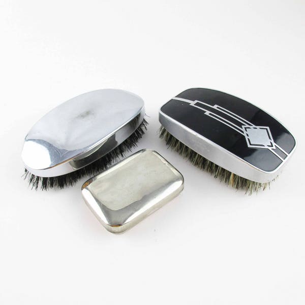 Three Men's Grooming Pieces - Vintage 'Pro-phy-lac-tic' Sterilized Brush, Chrome Top Brush and Small Soap Carrier - Vintage Shelf Pieces