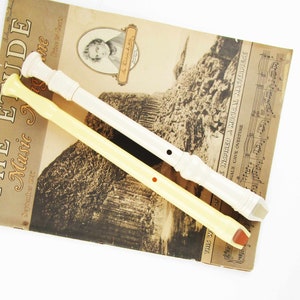 May include: Two plastic recorders, one white and one yellow, are lying on top of a vintage music magazine. The magazine is titled "The Etude Music Magazine" and features a black and white photo of a rocky cliff.