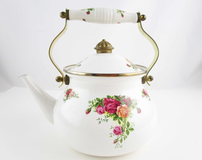 Vintage 'royal Albert' Enamel Tea/water Kettle Ceramic Handle and Brass