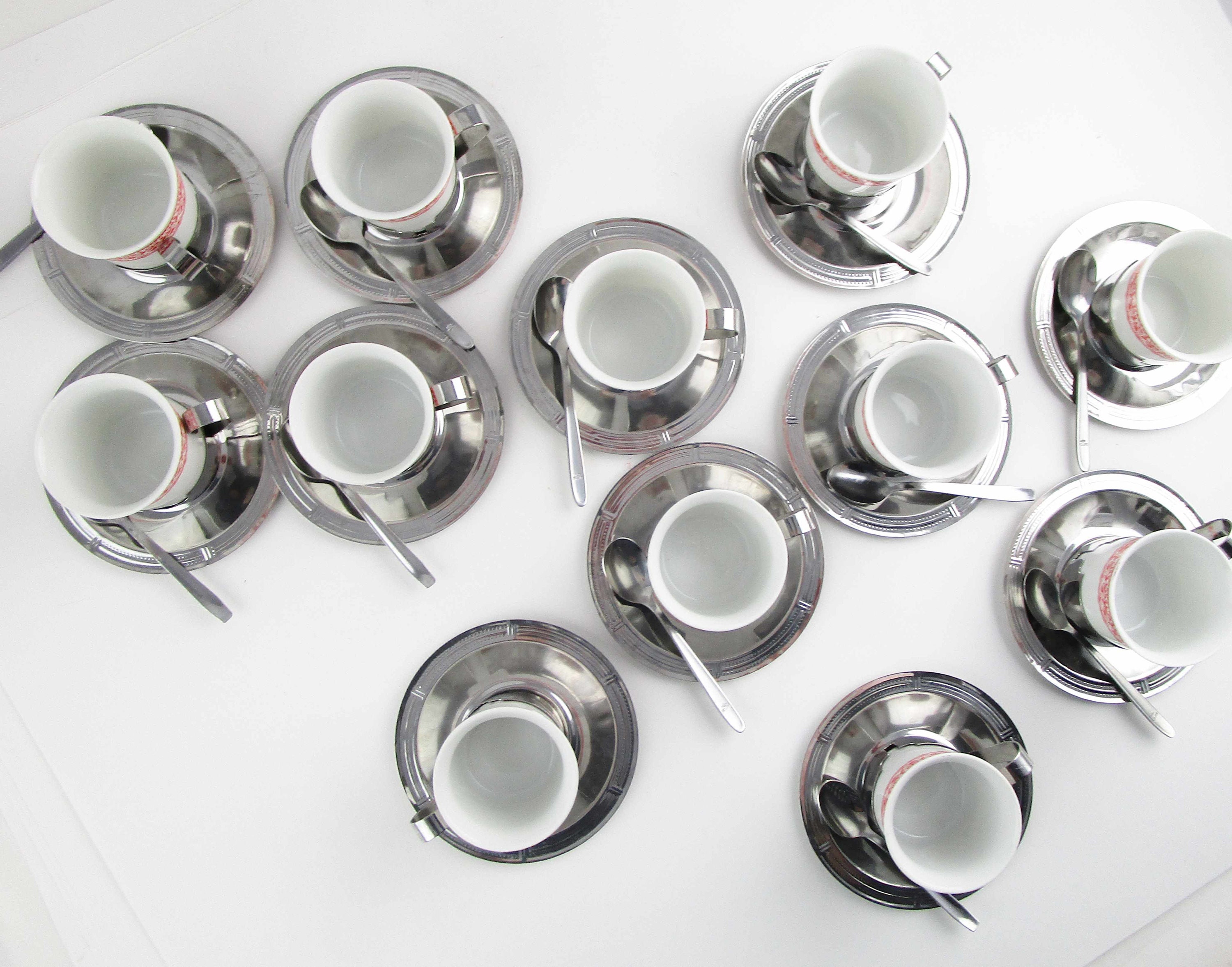 Twelve 12 Espresso Cups Made in Italy 'inoxriv' Brand Porcelain Cups in  Stainless Holders With Spoon and Saucer 