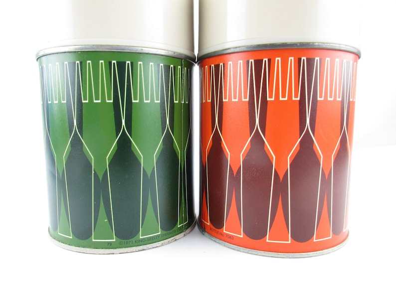 Hot or Cold PositiveNegative Forks and Spoons Avocado and Burnt Orange Wide-mouth Thermoses Pair of 1971 King-Seeley Thermos Co
