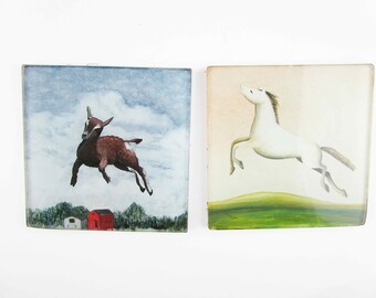 Two 1930s Martha (Rhyther) Kantor Original Art Works - Glass Painter - Goat Painting - Horse Painting - Painting on Glass - Historic