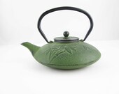 A Japanese Style Cast Iron Teapot - Black Metal Handle - Infuser - Matte Green Detail Outside - Black Enamel Inside - Heavy Disk Shape Pot
