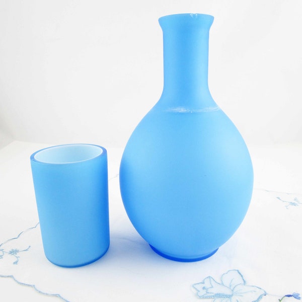 Bedside Water Carafe With Glass - Blue Cased Glass - Guest Room - Bedside Table - Boudoir - Cerulean Blue Satin Outside -White Inside