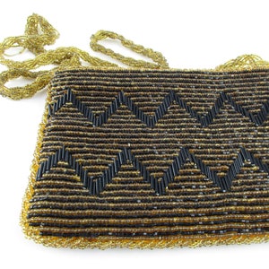 1950s Beaded &#39;Magid&#39; Purse: Black & Amber Bugle Beads, Handmade in Macau