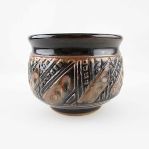 Mid-Century Studio Pottery - Bowl - Dark and Light Brown - Signed - Deep Texture - Hand-Thrown - Rounded Lip - Footed Bowl - 4&quot; Tall Bowl