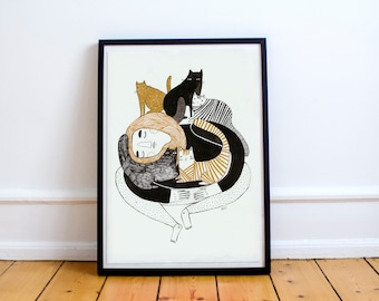 Size A4 or A3 high quality art print on recycled paper "Girl and 5 cats”