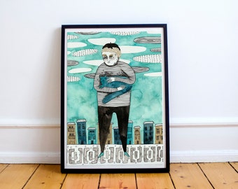 Formaat A4 of A3 hoge kwaliteit kunstprint op gerecycled papier "Man met een kat in Porto"