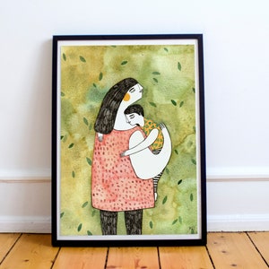 Size A4 or A3 high quality art print on recycled paper Mother holding a child image 1