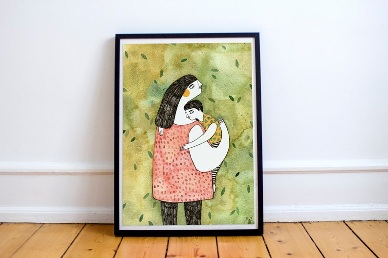 Size A4 or A3 high quality art print on recycled paper Mother holding a child image 1