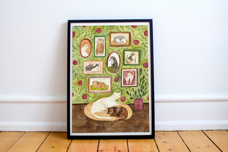 Size A4 or A3 high quality art print on recycled paper Cats and frames image 1