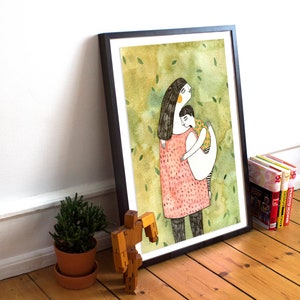 Size A4 or A3 high quality art print on recycled paper Mother holding a child image 2