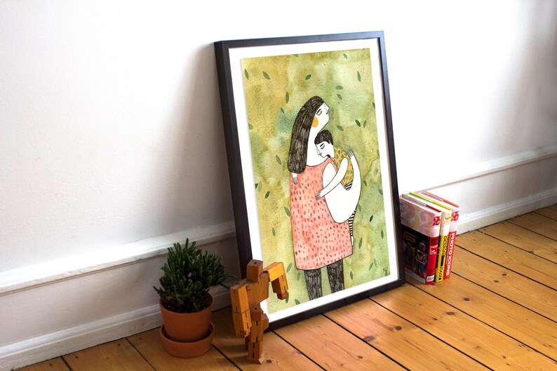 Size A4 or A3 high quality art print on recycled paper Mother holding a child image 2