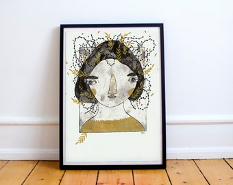Size A4 or A3 high quality art print on recycled paper "Black and white portrait of a girl with golden details"