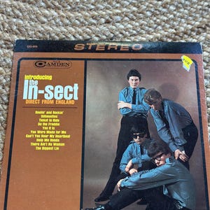 May include: Vintage vinyl record album cover featuring the band In-sect. The album cover is brown with the band members in blue shirts and black pants. The album title is "Introducing the In-sect Direct From England."