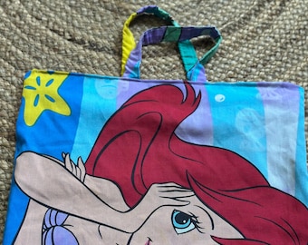 Handmade upcycled Little Mermaid Ariel 1980s bedsheet tote bag. Fully lined.
