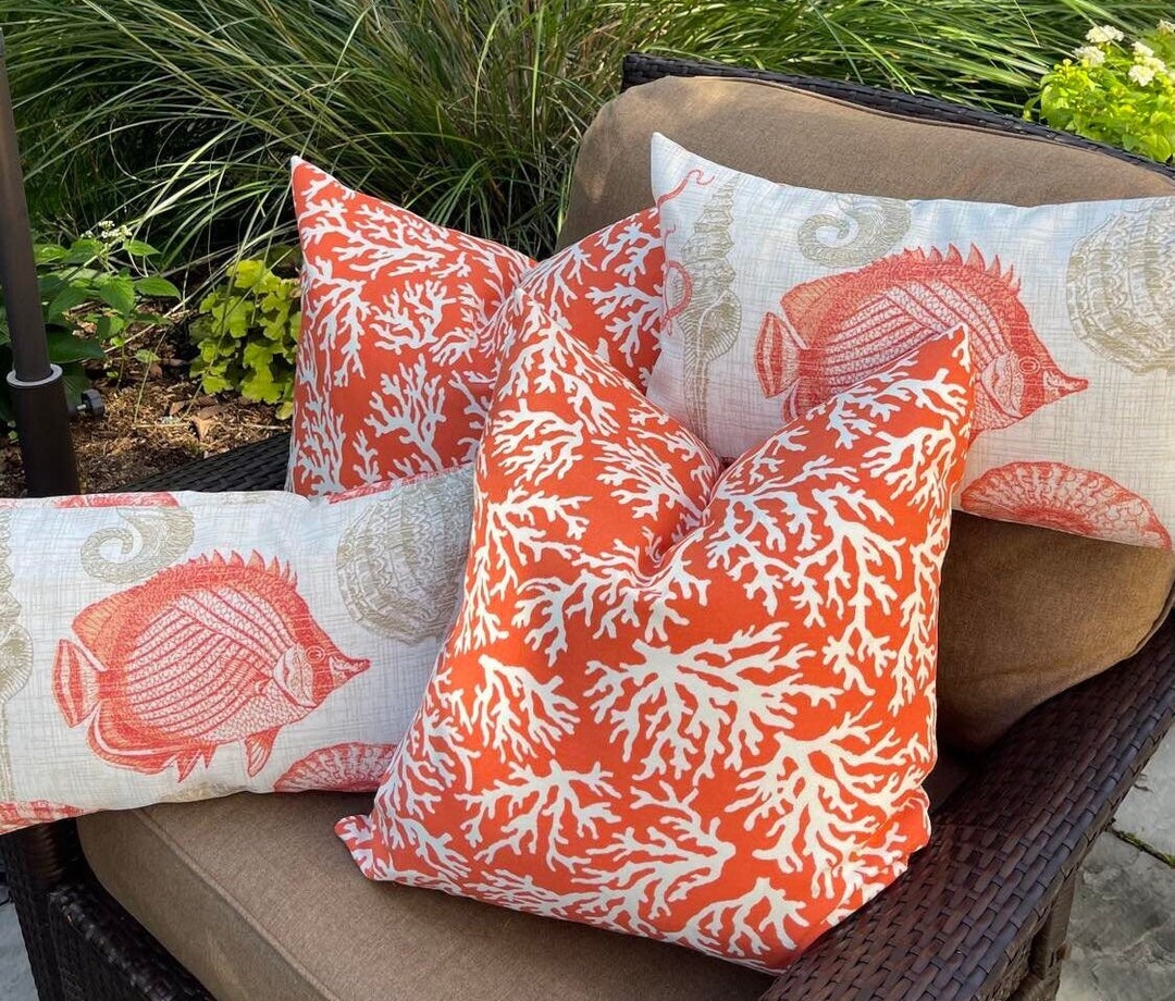 Handmade Indoor Outdoor Set of Coastal Print Pillow Covers. Fade Proof