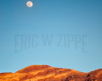 Death Valley Moonrise over artist palette color photograph. Near Star Wars filming location.