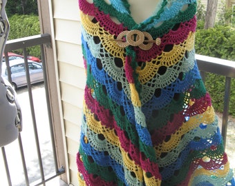 Handmade rainbow crochet shawl, wrap, throw
