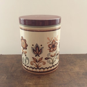 Scandinavian tin box Round floral tin box with a lid Floral brown white canister Mid century Kitchen decor Storage box