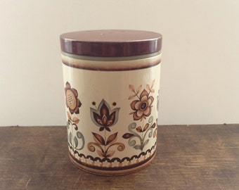 Scandinavian tin box Round floral tin box with a lid Floral brown white canister Mid century Kitchen decor Storage box