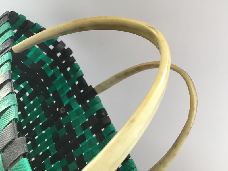 Soviet Vintage shopping bag for ladies Green black woven plastic bag Retro market bag USSR era bag
