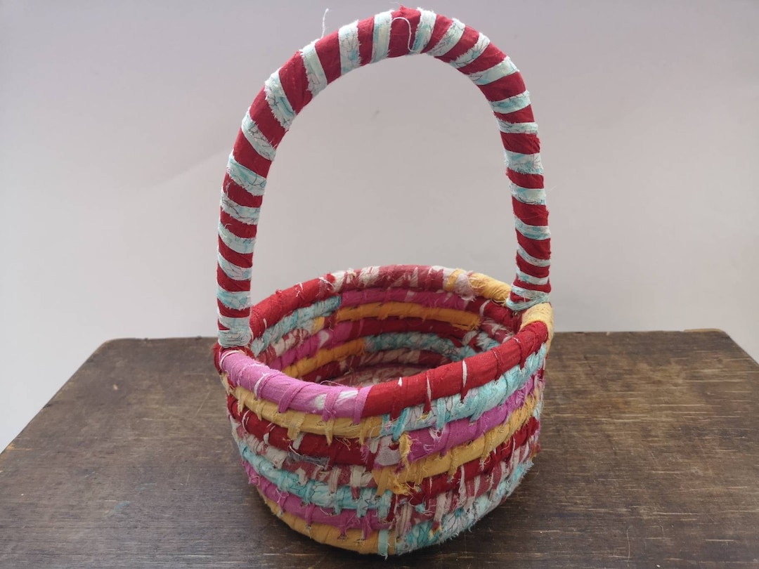 Vintage Handmade Rag Basket Bright Rag Basket Farmhouse Basket Multicolored Braided Basket Etsy