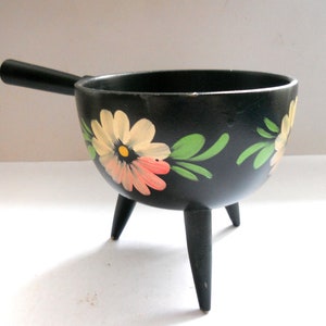 Sweden Vintage Painted Wooden Footed Bowl with a handle Handpainted flower design 1970s