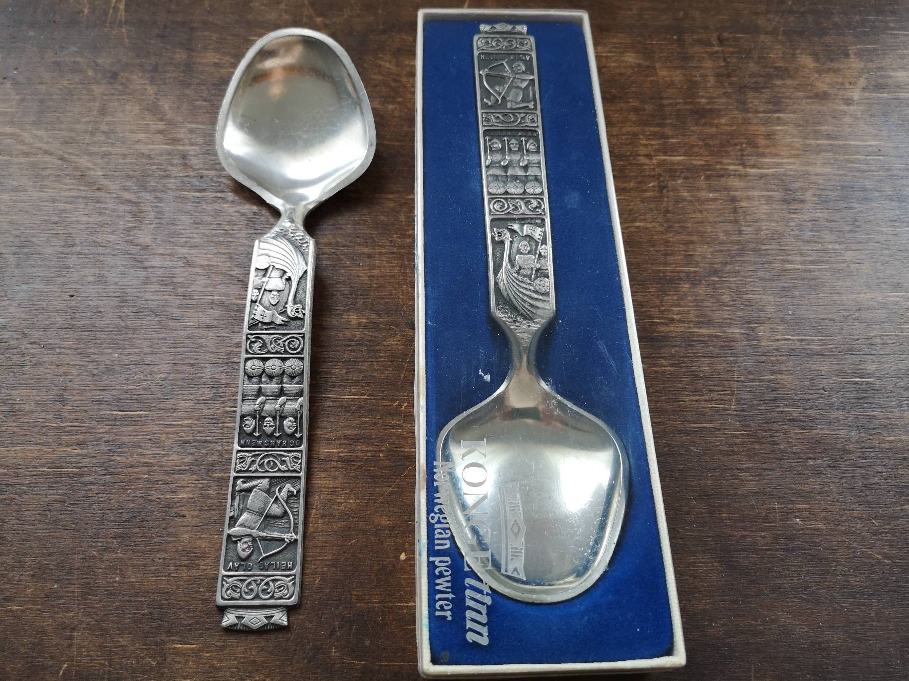 Vintage Pewter spoon Norwegian tin spoon Viking Heilag Olav spoon 