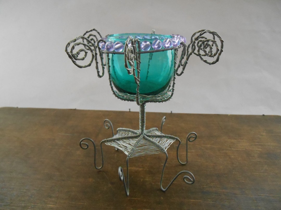Wire Tea Set Project Vintage Candle Holder Handmade Wire Tea Light Holder With Aqua Blue ...