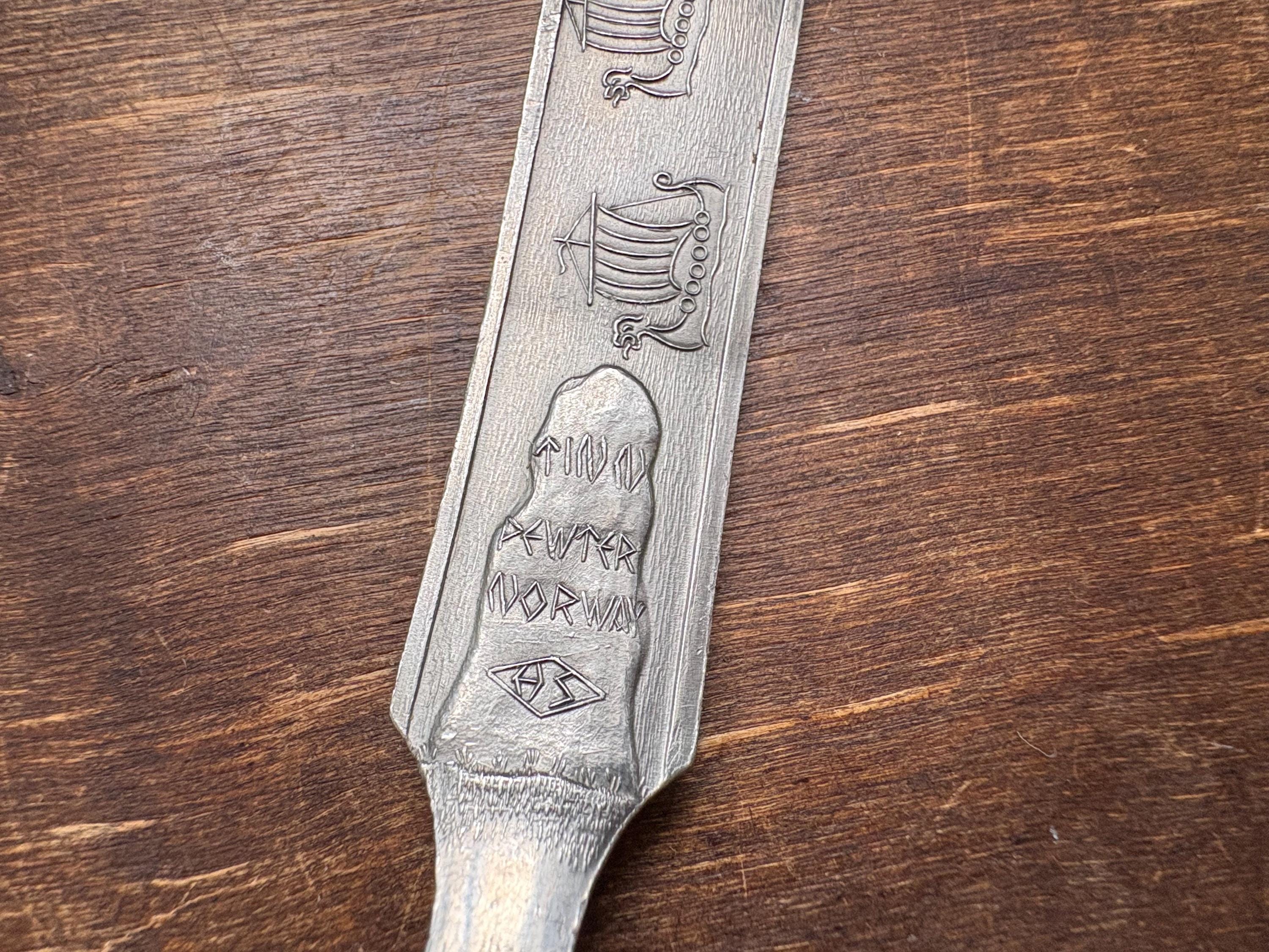 Vintage Pewter spoon Norwegian tin spoon Viking Heilag Olav spoon 